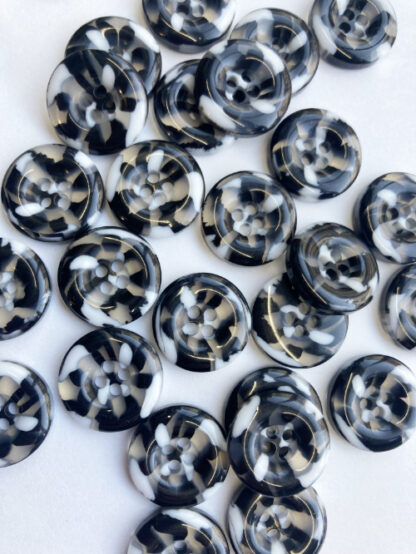 Black and White mock tortoise shell 4 hole plastic button with rim