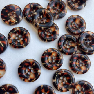 Brown mock tortoise shell 4 hole plastic button with rim