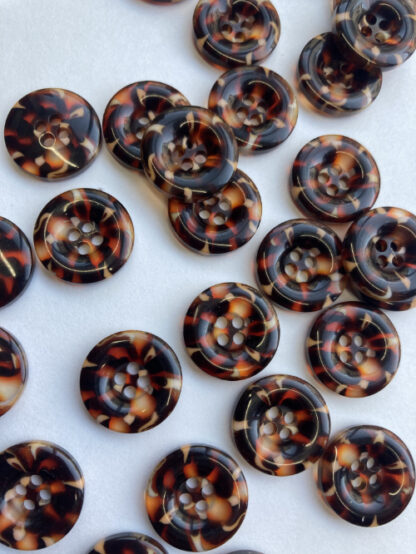 Brown mock tortoise shell 4 hole plastic button with rim