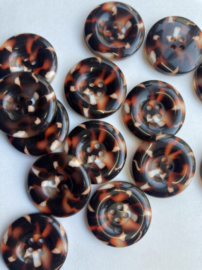 Brown mock tortoise shell 4 hole plastic button with rim