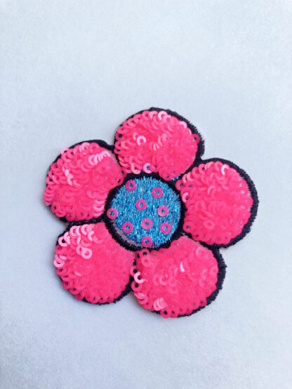 Neon Pink and Turquoise sequined flower iron-on patch
