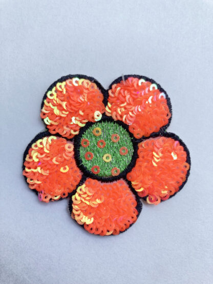 Neon Orange and Green sequined flower iron-on patch