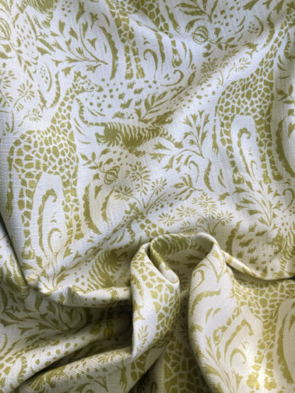 Chartreuse Green and Off-White illustrated giraffe and tiger print heavy 100% Cotton Canvas. 385gsm, giraffe 18cm / 7" tall 