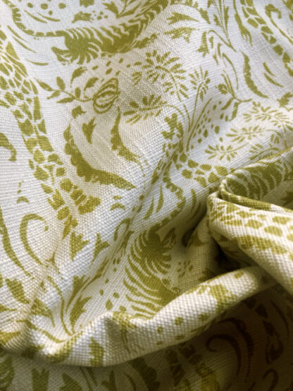 Chartreuse Green and Off-White illustrated giraffe and tiger print heavy 100% Cotton Canvas. 385gsm, giraffe 18cm / 7" tall 