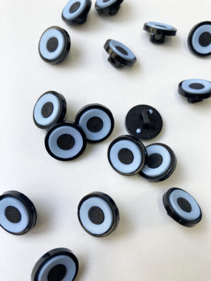 Sky Blue and Black centre 'target', and rim moulded Plastic button on shank