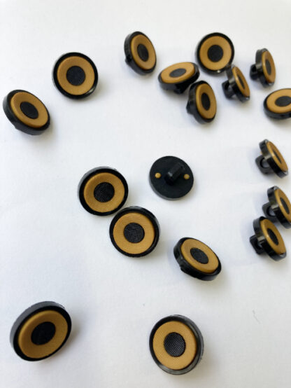 Ochre Yellow and Black centre 'target', and rim moulded Plastic button on shank