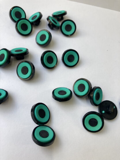 Turquoise Jade Blue- Green with Black centre 'target', and rim moulded Plastic button on shank