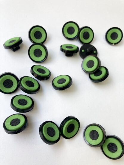 Emerald Green with Black centre 'target', and rim moulded Plastic button on shank