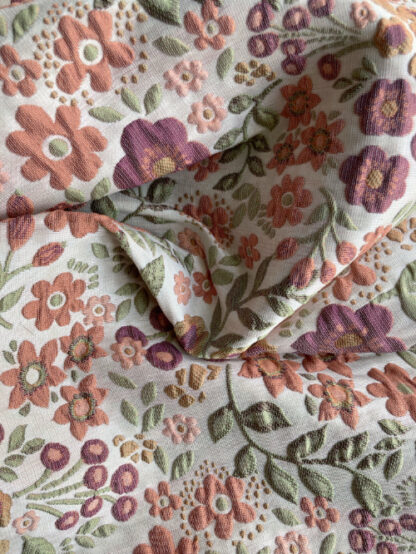 Coral Pink, Plum Purple, Mossy Green and Ecru 60's retro floral 87% Polyester 13% Cotton Brocade