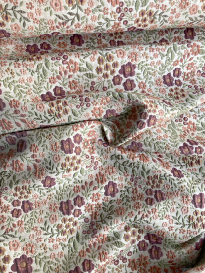 Coral Pink, Plum Purple, Mossy Green and Ecru 60's retro floral 87% Polyester 13% Cotton Brocade