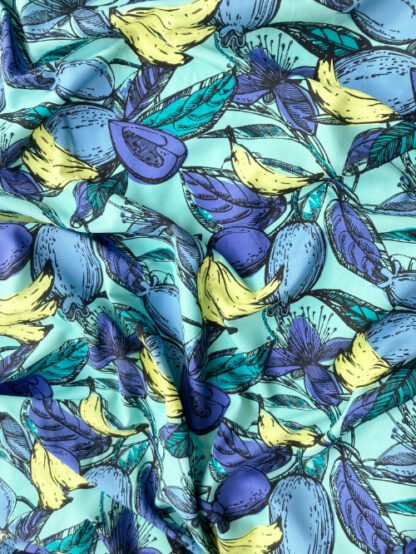 Aqua Green, Hyacinth Blue, Chartreuse Yellow fruit and flower big print 52% Viscose 48% Cotton Voile. Bananas approx 11cm wide