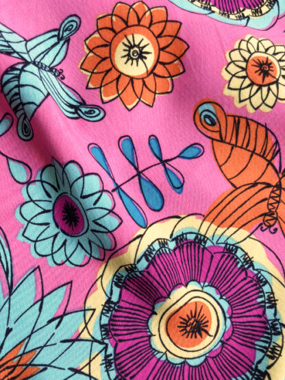 Fuchsia Pink, Hyacinth Blue, Peacock Green Multicolour illustrated floral print 100% Viscose Lawn