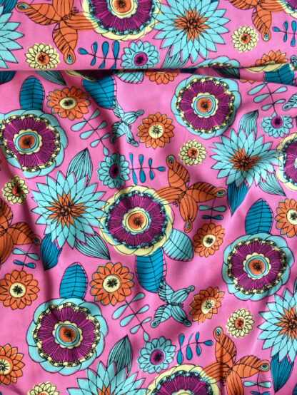 Fuchsia Pink, Hyacinth Blue, Peacock Green Multicolour illustrated floral print 100% Viscose Lawn