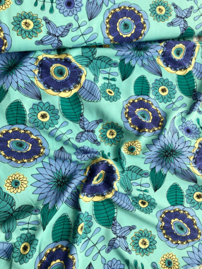 Peacock /Aqua Green, Hyacinth Blue,and Yellow Multicolour illustrated floral print 100% Viscose Lawn