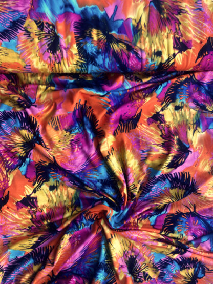 Fuchsia Pink, Orange, Magenta Purple and Yellow multicolour firework abstract floral print 95% Viscose 5% Elastane lightweight Jersey 75% stretch