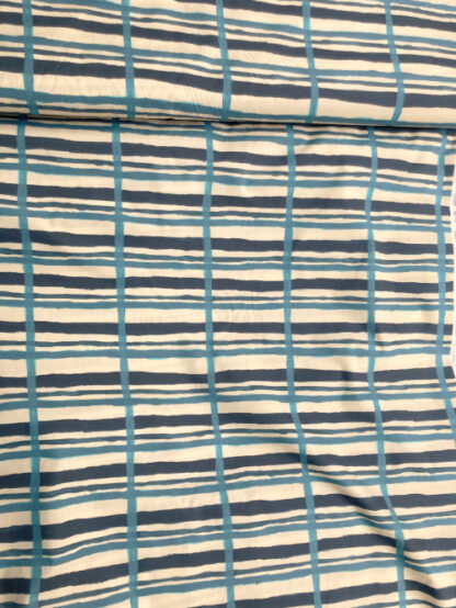 Teal Blue, Cream and Turquoise painted check stripes 100% Cotton Poplin