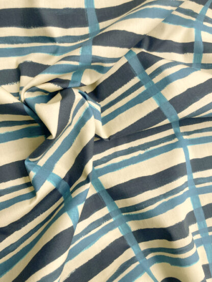 Teal Blue, Cream and Turquoise painted check stripes 100% Cotton Poplin