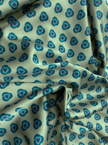 Sage Green, Teal and Coral Pink camellia geometric floral print lightweight 100% Polyester Satin