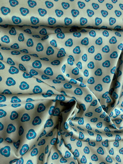 Sage Green, Teal and Coral Pink camellia geometric floral print lightweight 100% Polyester Satin