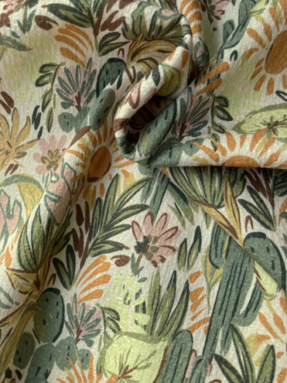 Saffron Orange and Olive Green cactus desert floral print 100% Cotton Seersucker Piqué