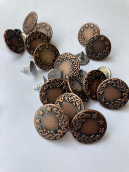 Antique Copper laurel leaf design jeans button with rivet attachment