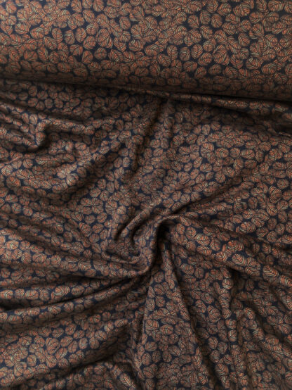 Tan Brown, Olive Green and Black small leaf print 55% Polyester 45% Viscose Ponte Roma floppy Jersey