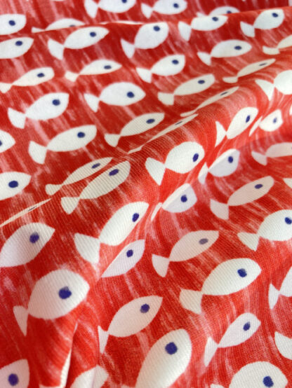 Red and White small fish print 90% Cotton 10% Elastane 4-way stretch Jersey