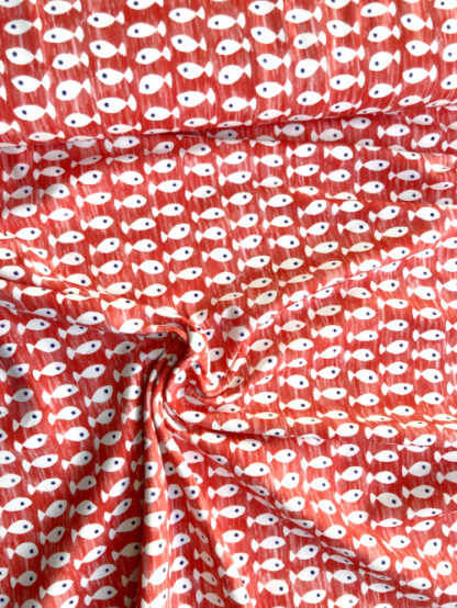 Red and White small fish print 90% Cotton 10% Elastane 4-way stretch Jersey