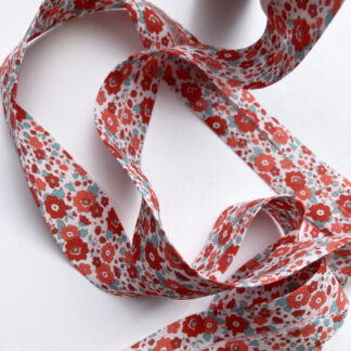 Red, Coral, Aqua and White retro ditsy floral print 100% Cotton Bias Binding