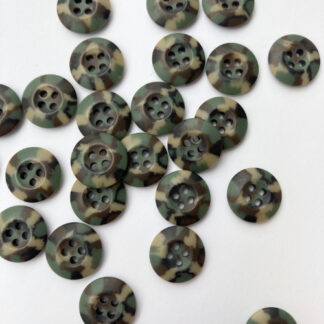 Khaki Green, Brown and Beige mottled camo print four hole matt plastic button with wide rim