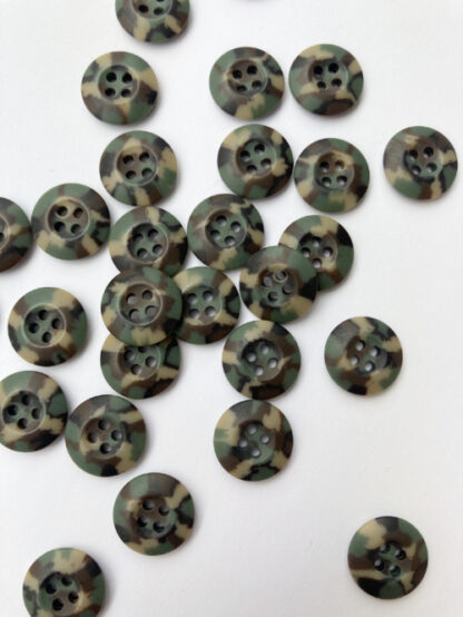 Khaki Green, Brown and Beige mottled camo print four hole matt plastic button with wide rim