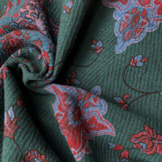 Peacock Green, mid blue and red oriental floral jacquard wool mix coating (dead stock)