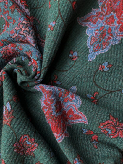 Peacock Green, mid blue and red oriental floral jacquard wool mix coating (dead stock)