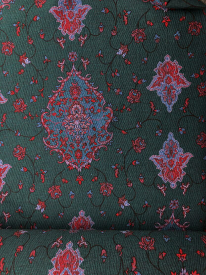 Peacock Green, mid blue and red oriental floral jacquard wool mix coating (dead stock)