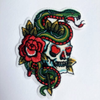 Red rose, skull and snake tattoo small iron on patch