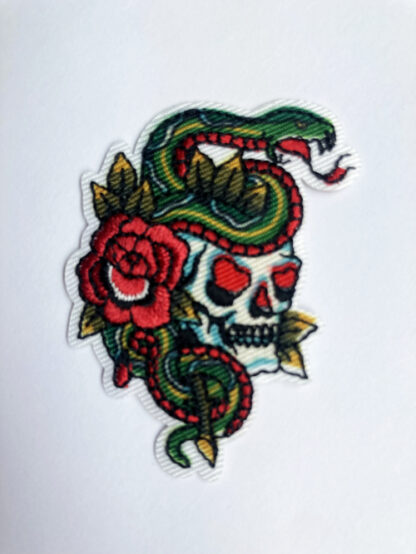 Red rose, skull and snake tattoo small iron on patch
