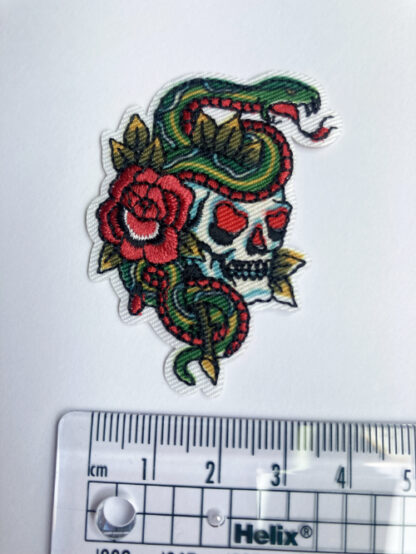 Red rose, skull and snake tattoo small iron on patch