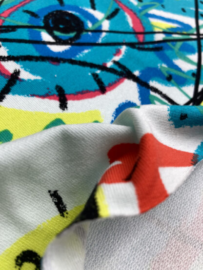 White and Multicolour Basquiat Graffiti style digital print 95% Cotton 5% Elastane French Terry  medium weight Jersey