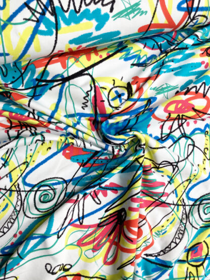 White and Multicolour Basquiat Graffiti style digital print 95% Cotton 5% Elastane French Terry  medium weight Jersey